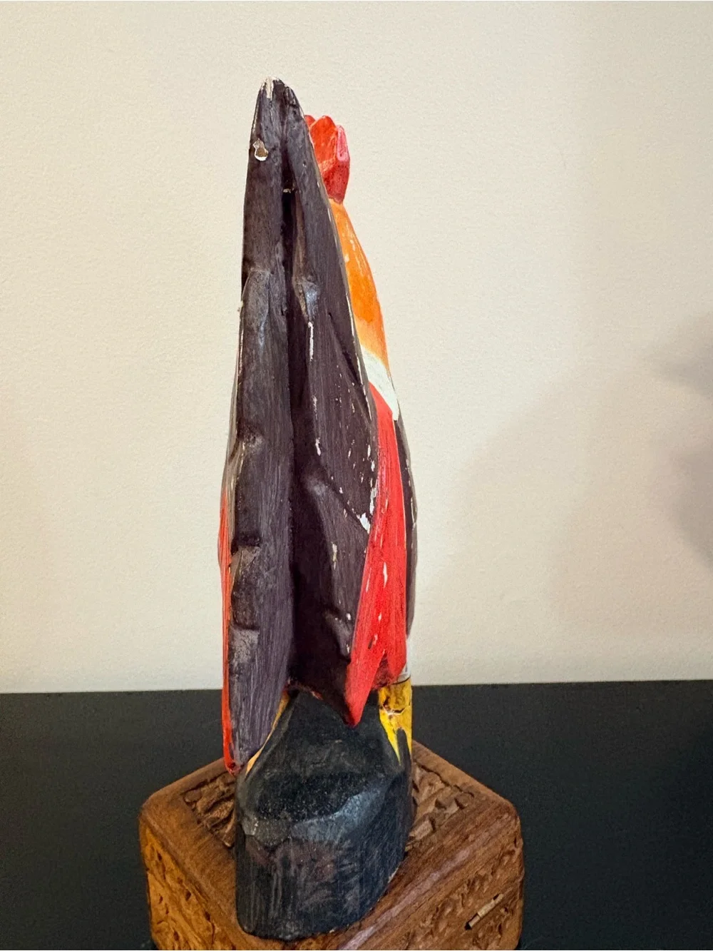 Vintage Handcarved Painted Wooden Rooster Statue - Multicolor
